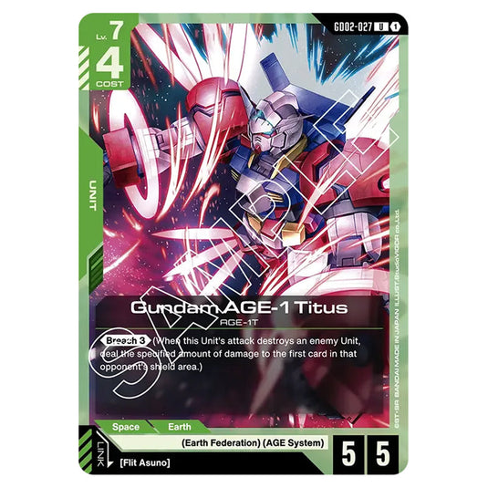 Gundam AGE-1 Titus GD02-027 card from the Gundam Card Game set Dual Impact