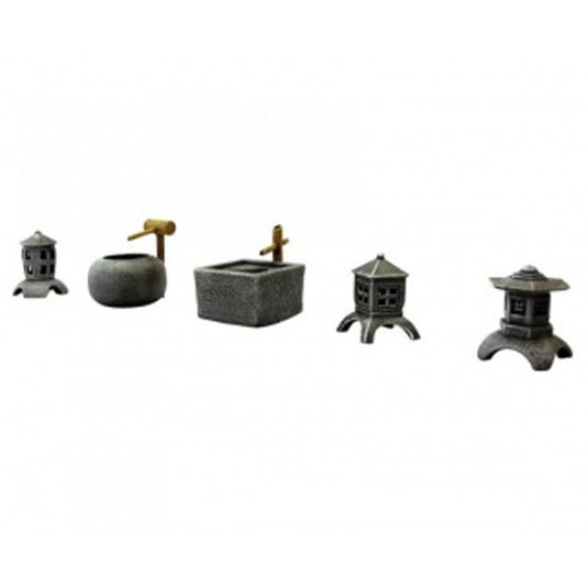 Ziterdes - Set of stone lanterns with bamboo fountains, 5 par