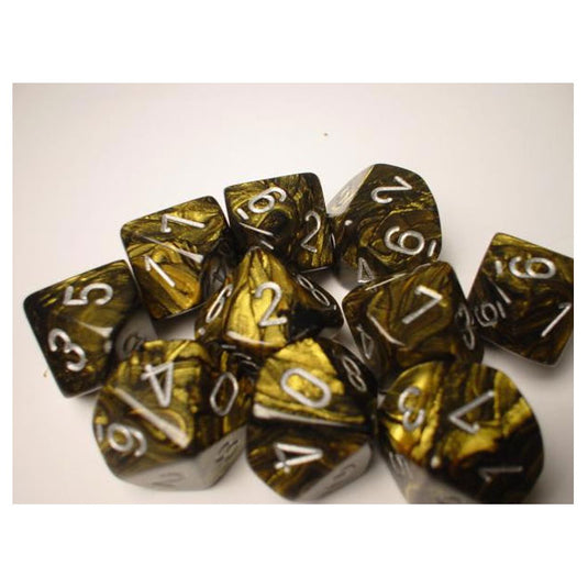 Chessex - Signature - 16mm Polyhedral D10 10-Dice Set - Leaf Black Gold with Silver