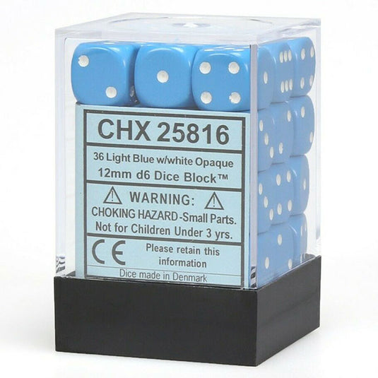 Chessex - Opaque 12mm D6 w/pips 36-Dice Blocks - Light Blue w/white