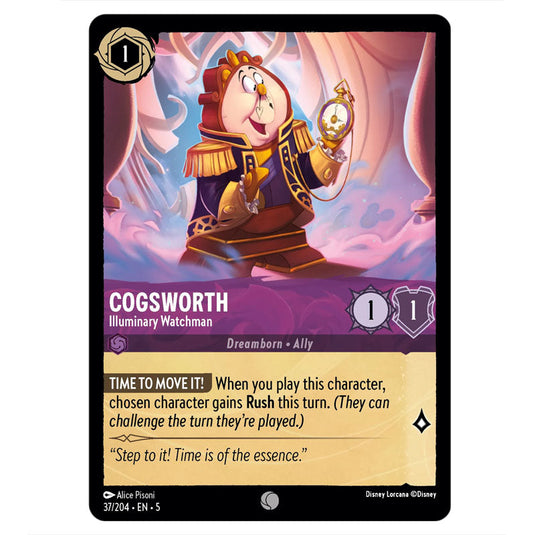 Cogsworth - Illuminary Watchman 37/204 card from the Lorcana set Shimmering Skies