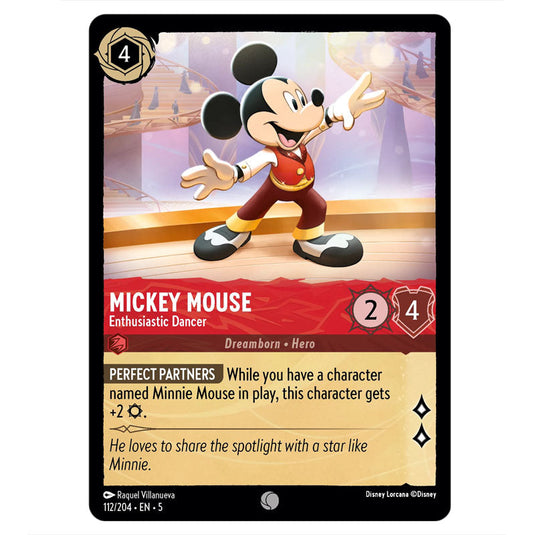 Mickey Mouse - Enthusiastic Dancer 112/204 card from the Lorcana set Shimmering Skies