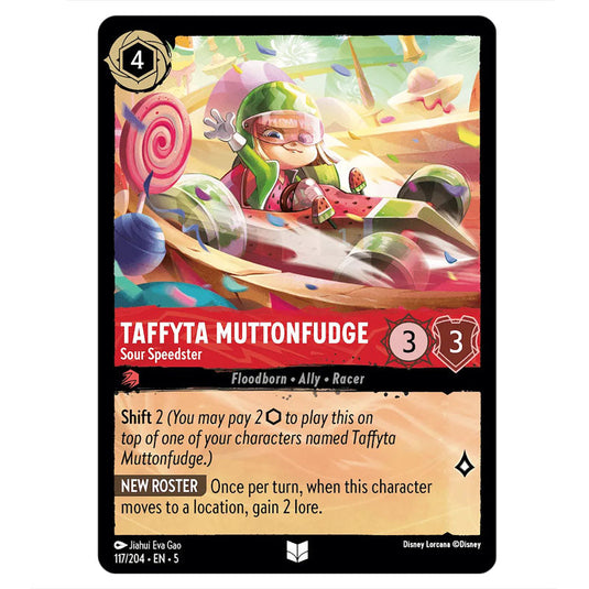 Taffyta Muttonfudge - Sour Speedster 117/204 card from the Lorcana set Shimmering Skies