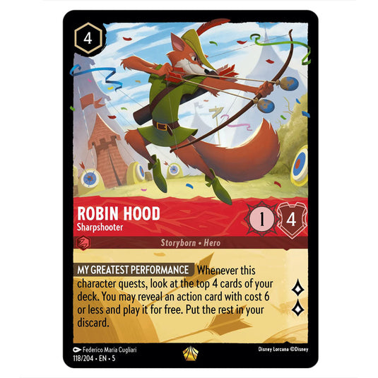 Robin Hood - Sharpshooter 118/204 card from the Lorcana set Shimmering Skies