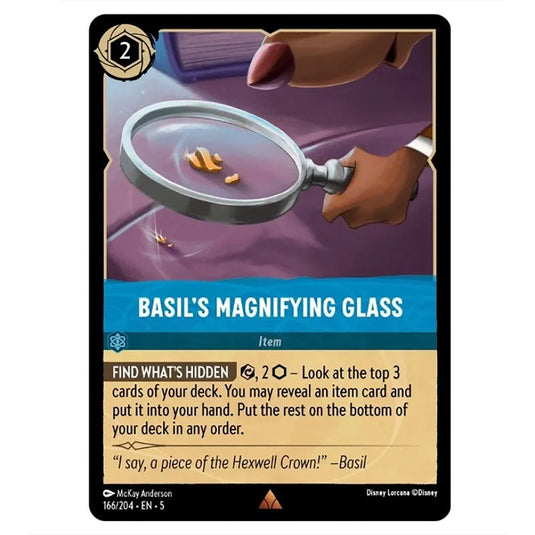 Basil's Magnifying Glass 166/204 card from the Lorcana set Shimmering Skies