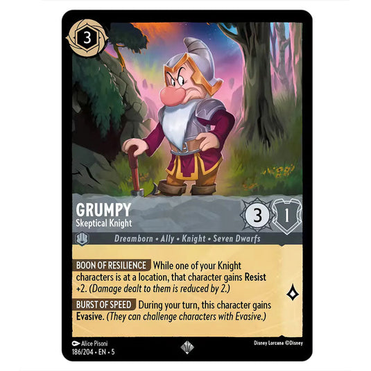 Grumpy - Sceptical Knight 186/204 card from the Lorcana set Shimmering Skies