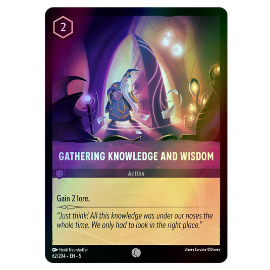 Gathering Knowledge and Wisdom 62/204 foil card from the Lorcana set Shimmering Skies