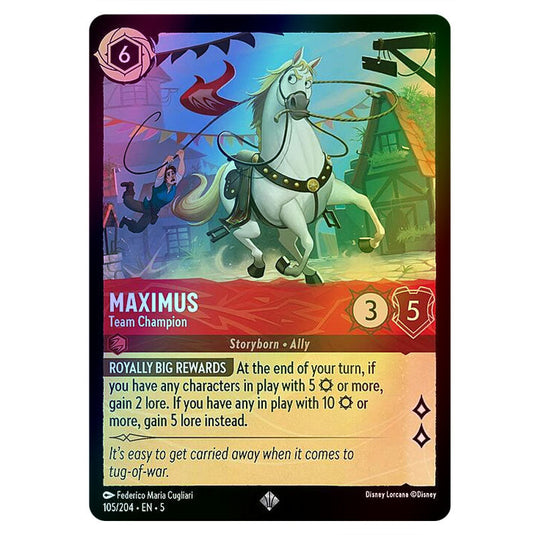 Maximus - Team Champion 105/204 foil card from the Lorcana set Shimmering Skies