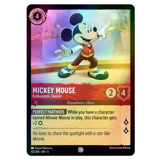 Mickey Mouse - Enthusiastic Dancer 112/204 foil card from the Lorcana set Shimmering Skies