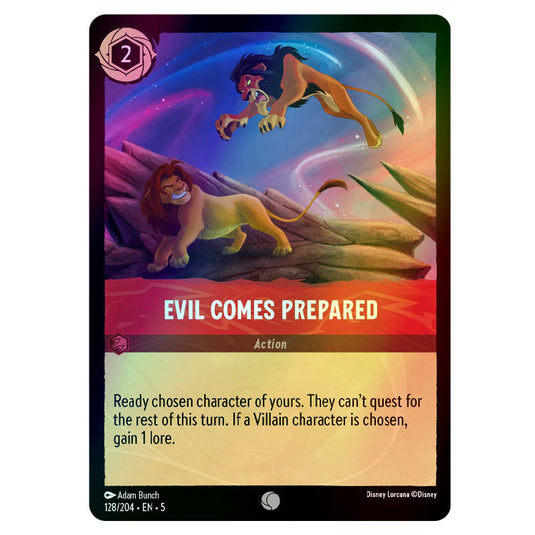 Evil Comes Prepared 128/204 foil card from the Lorcana set Shimmering Skies