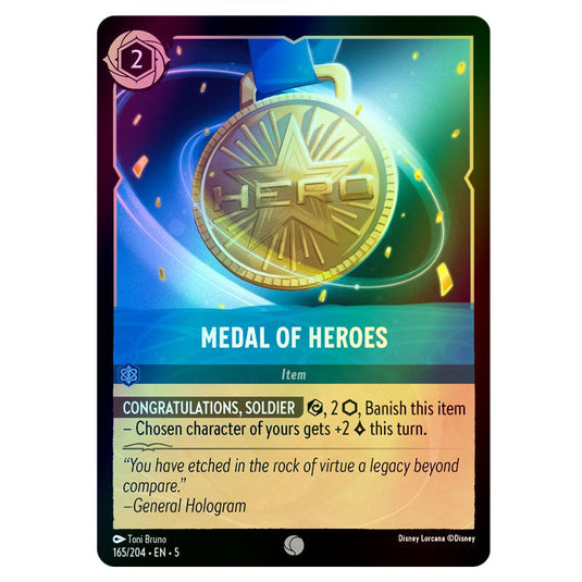 Medal of Heroes 165/204 foil card from the Lorcana set Shimmering Skies