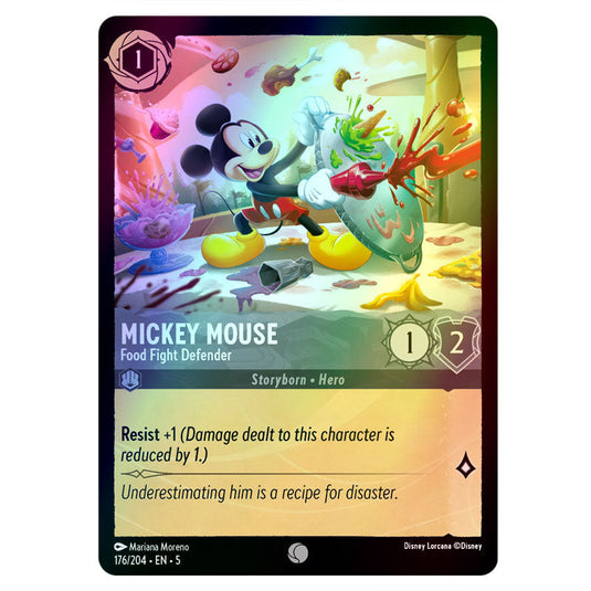 Mickey Mouse - Food Fight Defender 176/204 foil card from the Lorcana set Shimmering Skies