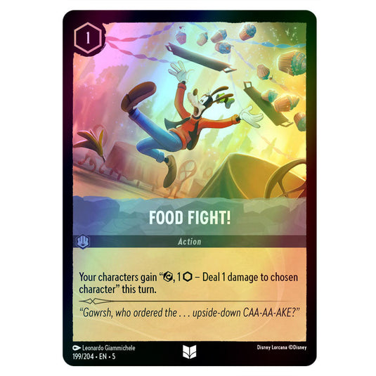 Food Fight! 199/204 foil card from the Lorcana set Shimmering Skies