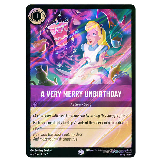A Very Merry Unbirthday 60/204 card from the Lorcana set Azurite Sea