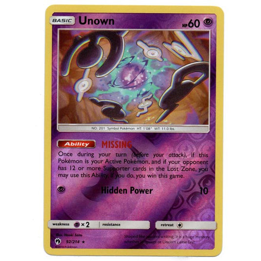 Pokemon - Sun & Moon - Lost Thunder - (Reverse Holo) - Unown - 92/214