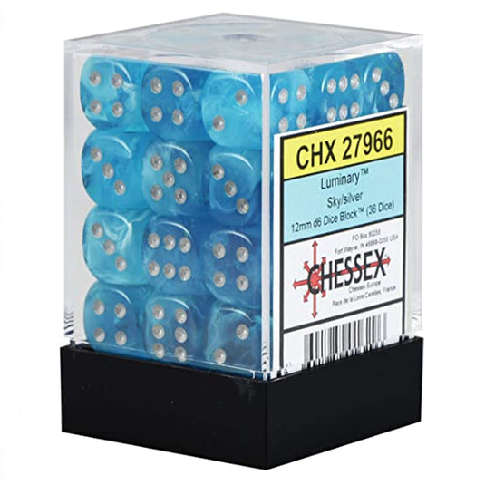 Chessex - Signature - 12mm d6 with pips Dice Blocks (36 Dice) - Luminary Sky/silver 12mm