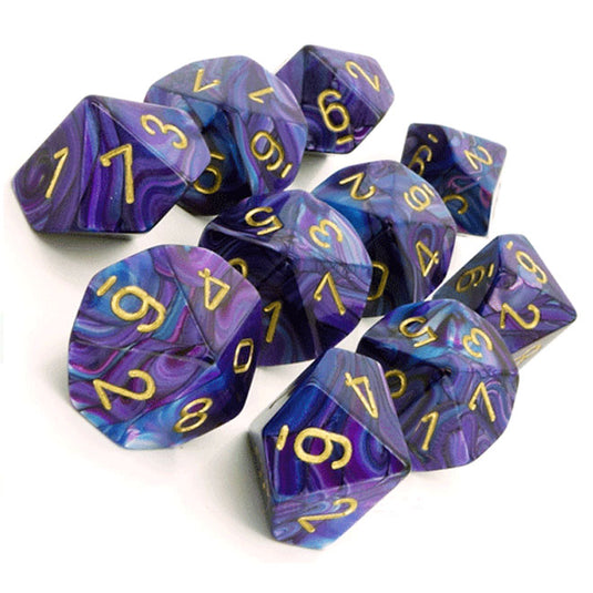 Chessex - Signature - 16mm Polyhedral D10 10-Dice Set - Lustrous Purple with Gold