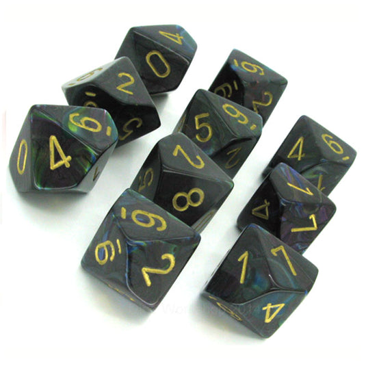 Chessex - Signature - 16mm Polyhedral D10 10-Dice Set - Lustrous Shadow with Gold