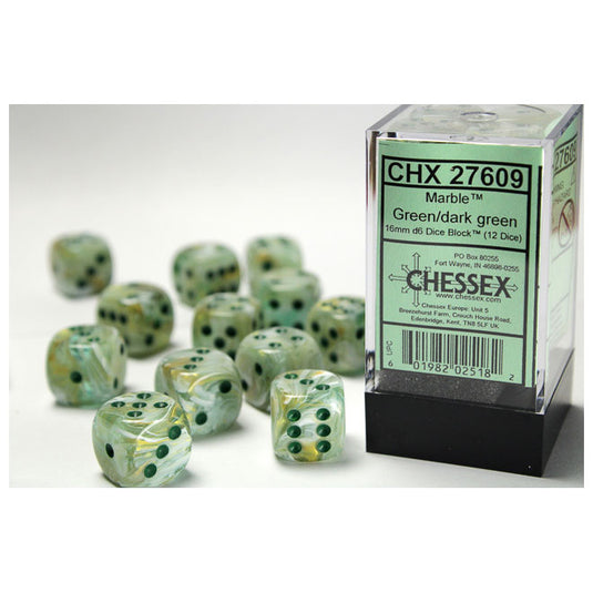 Chessex - Signature - 16mm D6 W/ Pips Blocks (12 Dice) - Marbled Green with Dark Green