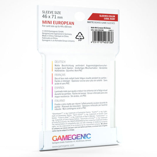 Gamegenic - MATTE Mini European-Sized Board game Sleeves 46 x 71 mm - Clear (50 Sleeves)