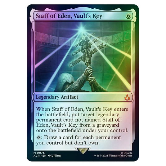 Staff of Eden, Vault's Key 0076 card from the Magic The Gathering set Universes Beyond - Assassin's Creed