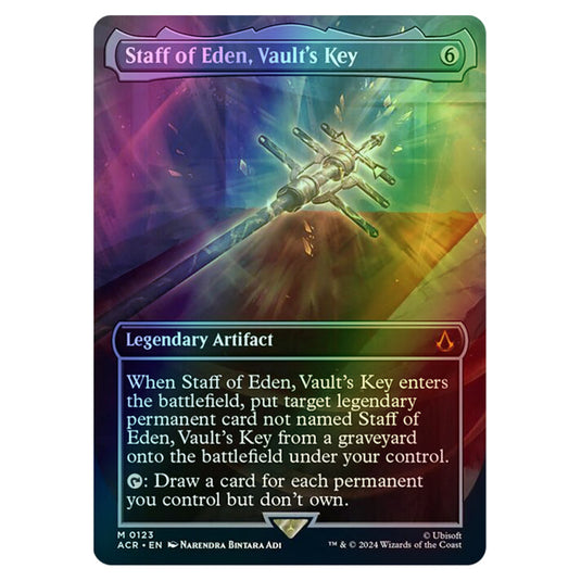 Staff of Eden, Vault's Key 0123 card from the Magic The Gathering set Universes Beyond - Assassin's Creed