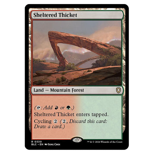 Sheltered Thicket 0330 card from the Magic The Gathering set Bloomburrow Commander