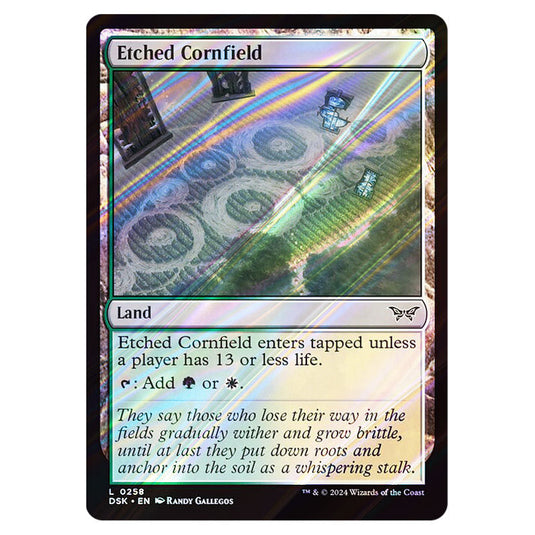 Etched Cornfield 0258 card from the Magic The Gathering set Duskmourn: House of Horror