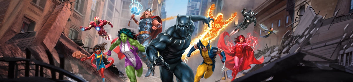 Magic The Gathering Marvel Super Heroes booster boxes, bundles, and commander decks.