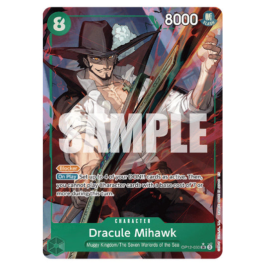 Dracule Mihawk OP12-030a card from the One Piece set Legacy of the Master