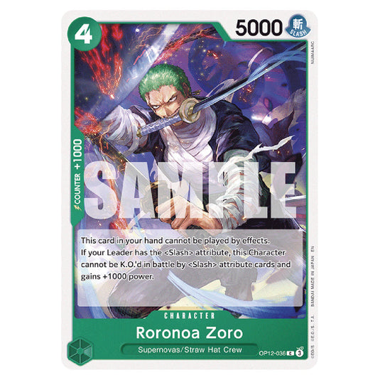 Roronoa Zoro OP12-036 card from the One Piece set Legacy of the Master