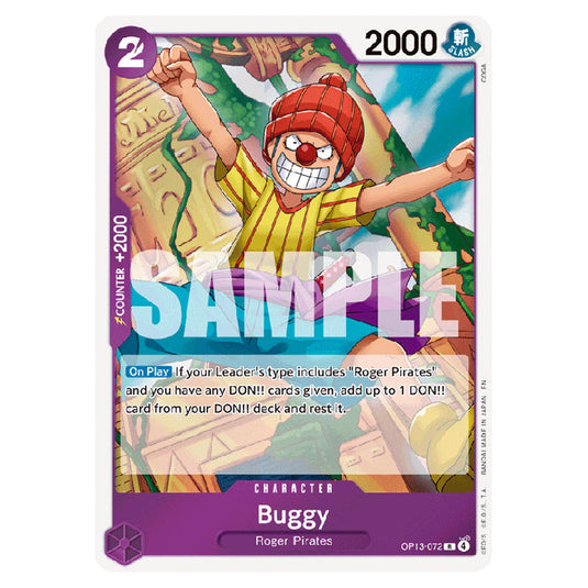 Buggy OP13-072 card from the One Piece set Carrying on his Will