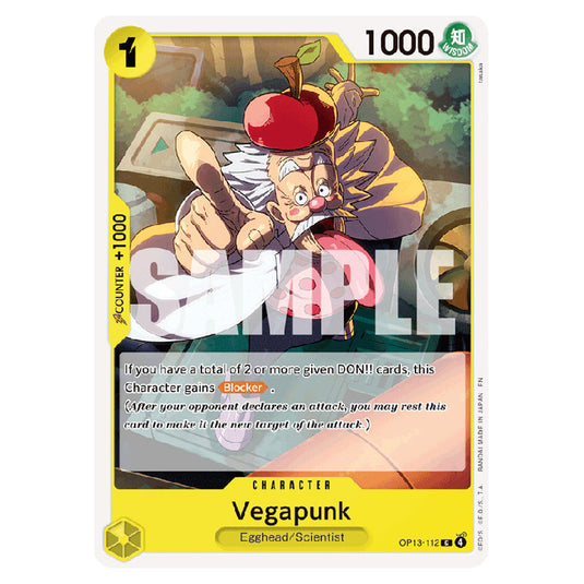 Vegapunk OP13-112 card from the One Piece set Carrying on his Will