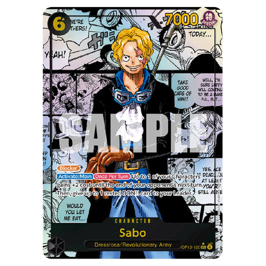 Sabo OP13-120b card from the One Piece set Carrying on his Will