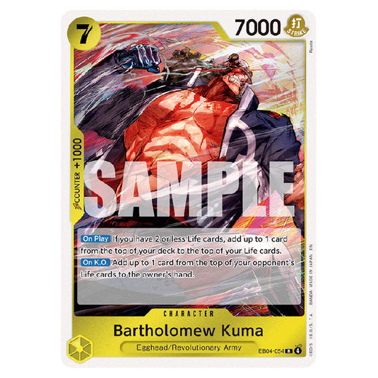 Bartholomew Kuma EB04-054 card from the One Piece set Adventure on Kami's Island