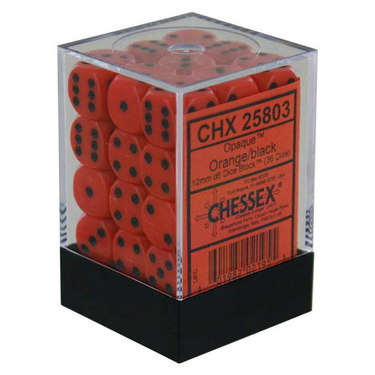 Chessex - Opaque 12mm D6 w/pips 36-Dice Blocks - Orange w/black