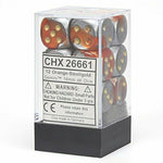 Chessex - Gemini 16mm D6 w/pips 12-Dice Blocks - Orange/Steel w/gold