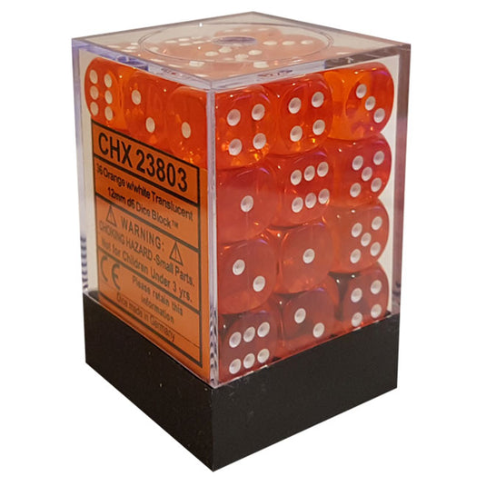 Chessex - Translucent 12mm D6 w/pips 36-Dice Blocks - Orange w/white