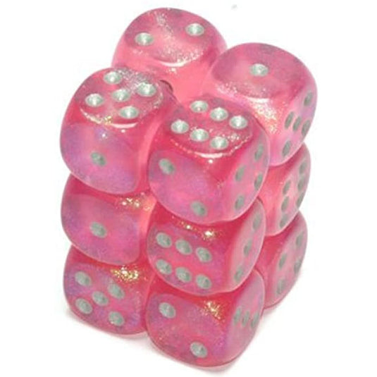 Chessex - Signature - 16mm D6 W/ Pips Blocks (12 Dice) - Borealis Pink with Silver