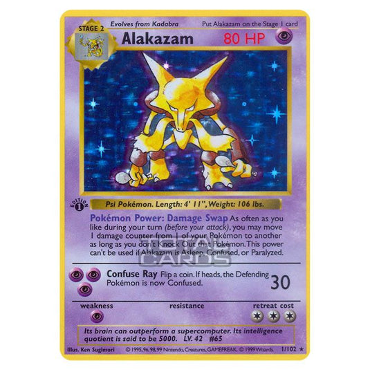Pokemon - Base Set - Alakazam - 1/102-Light Played-Unlimited-English