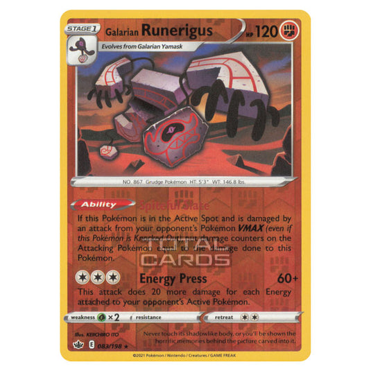 runerigus pokemon card value Chilling Reign 083/198 Galarian (Holo) Fighting Colorless Galarian Runerigus 102/192 - Rebel