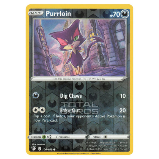 Pokemon - Sword & Shield - Darkness Ablaze - Purrloin - 106/189 - (Reverse Holo)