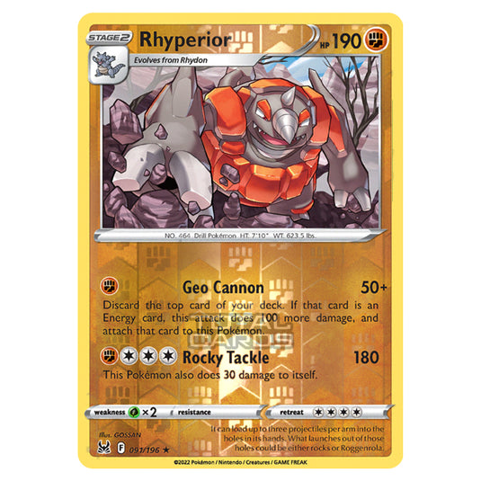 Pokemon - Sword & Shield - Lost Origin - Rhyperior - 91/196 - (Reverse Holo)