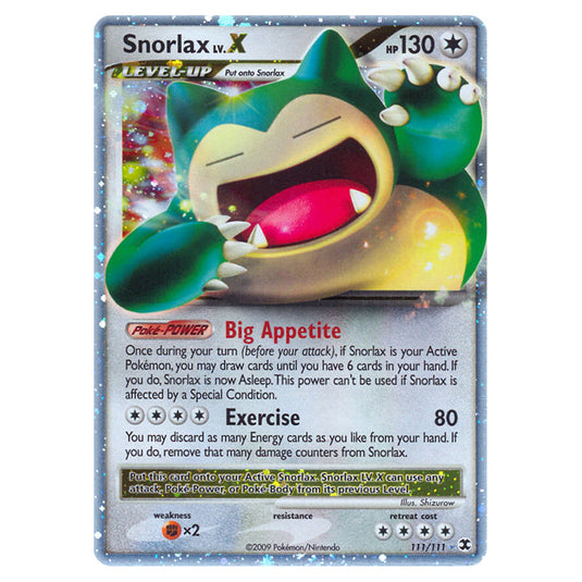 Snorlax LV.X 111 card from the Pokemon set Rising Rivals