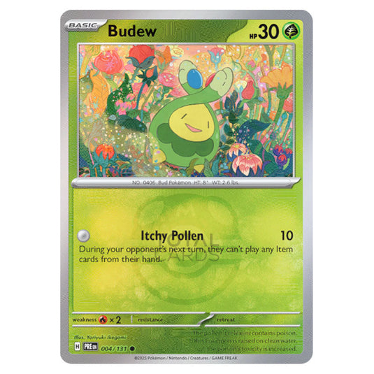 Budew 004 Reverse Holo Master Ball card from the Pokemon set Prismatic Evolutions