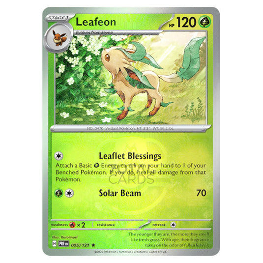 Leafeon 005 Reverse Holo Master Ball card from the Pokemon set Prismatic Evolutions
