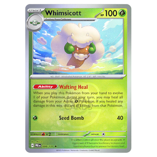 Whimsicott 008 Reverse Holo Master Ball card from the Pokemon set Prismatic Evolutions