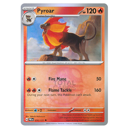 Pyroar 016 Reverse Holo Master Ball card from the Pokemon set Prismatic Evolutions