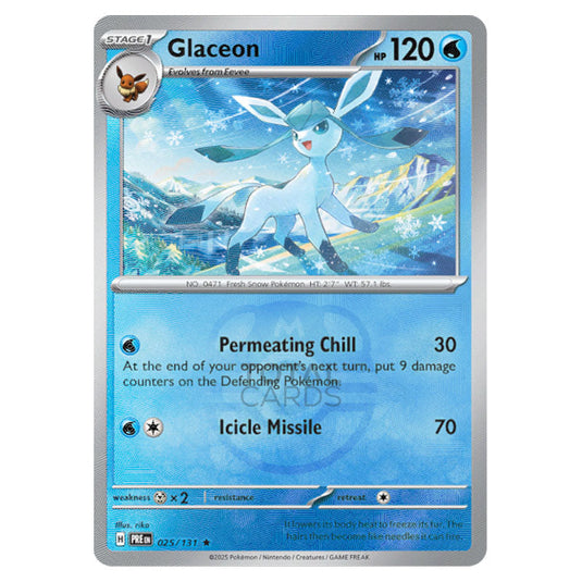 Glaceon 025 Reverse Holo Master Ball card from the Pokemon set Prismatic Evolutions
