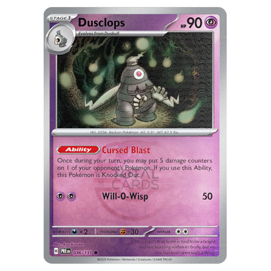 Dusclops 036 Reverse Holo Master Ball card from the Pokemon set Prismatic Evolutions